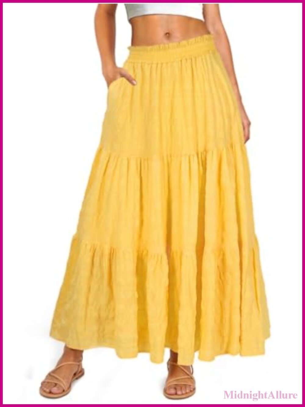 Boho Maxi Skirt High Waist Flowy Ruffle Tiered A-Line with Pockets